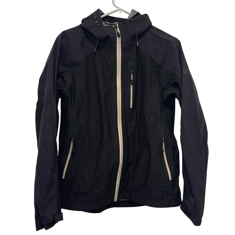 Eastern Mountain Sports Medium Black Hooded Waterproof Jacket Front Zipper Multi